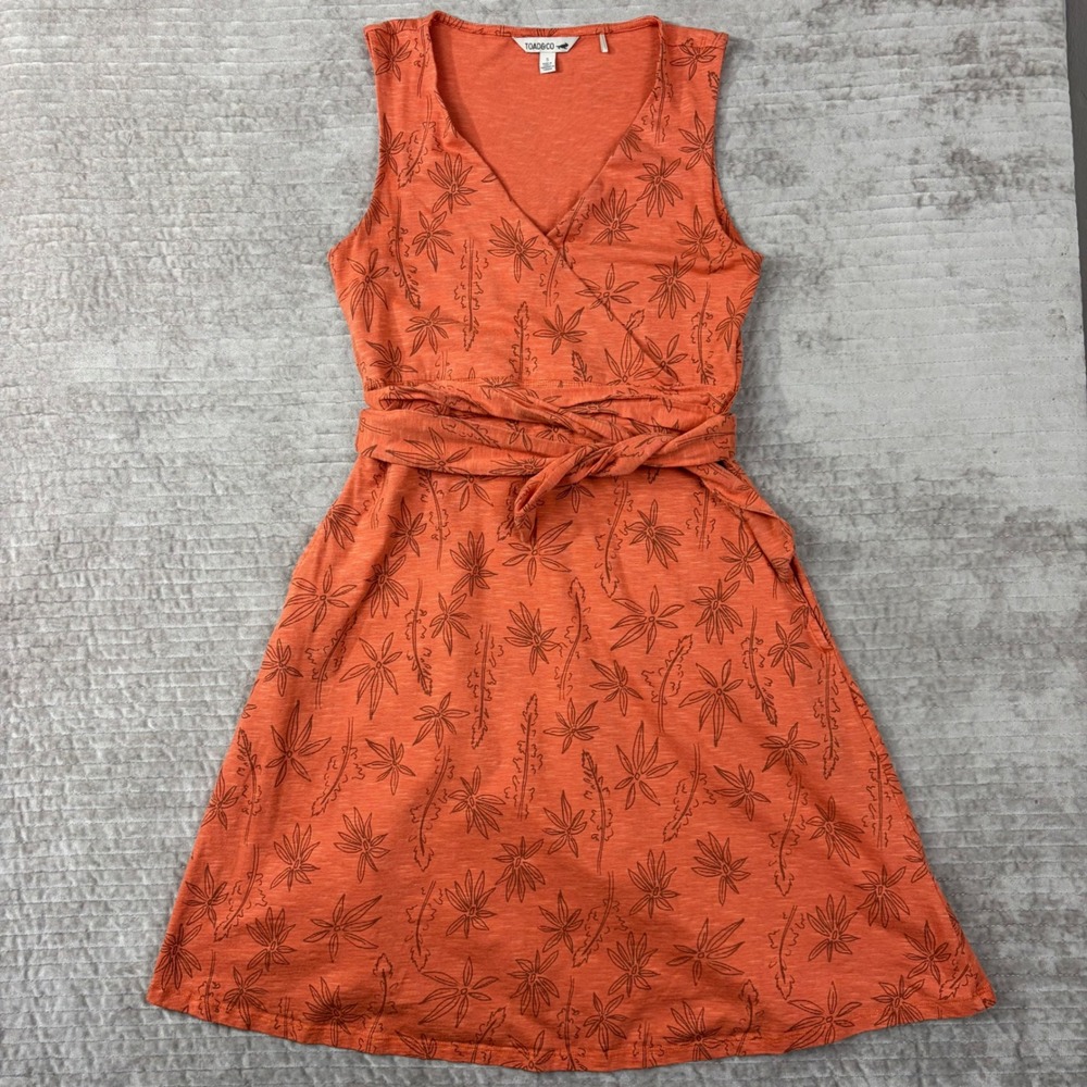 Toad&Co Womens Cue Sleeveless Dress Orange Floral Print Tie Waist‎ T1772801 S